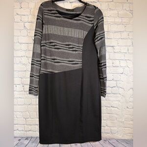 Tribal Black Gray Long Sleeve Casual Mixed Asymmetrical Lagenlook Knit Dress M